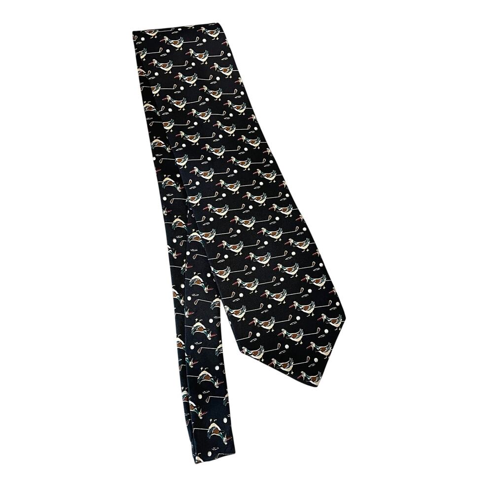 Pebble Beach Necktie Golf Silk Black Print Ducks